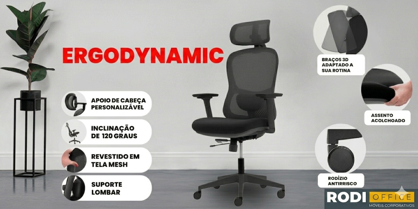 Cadeira Escritório Presidente ErgoDynamic Mesh 3D - Preta | Suporta 150kg - NR17